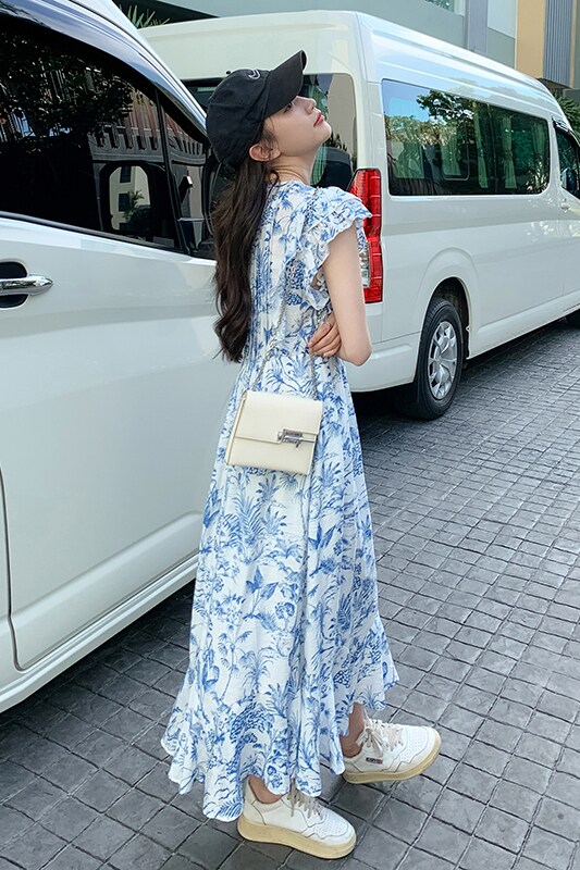 新中式轻国风蓝色碎花雪纺连衣裙女夏2025新款水墨青花瓷鱼尾长裙,女装连衣裙,芭图娜