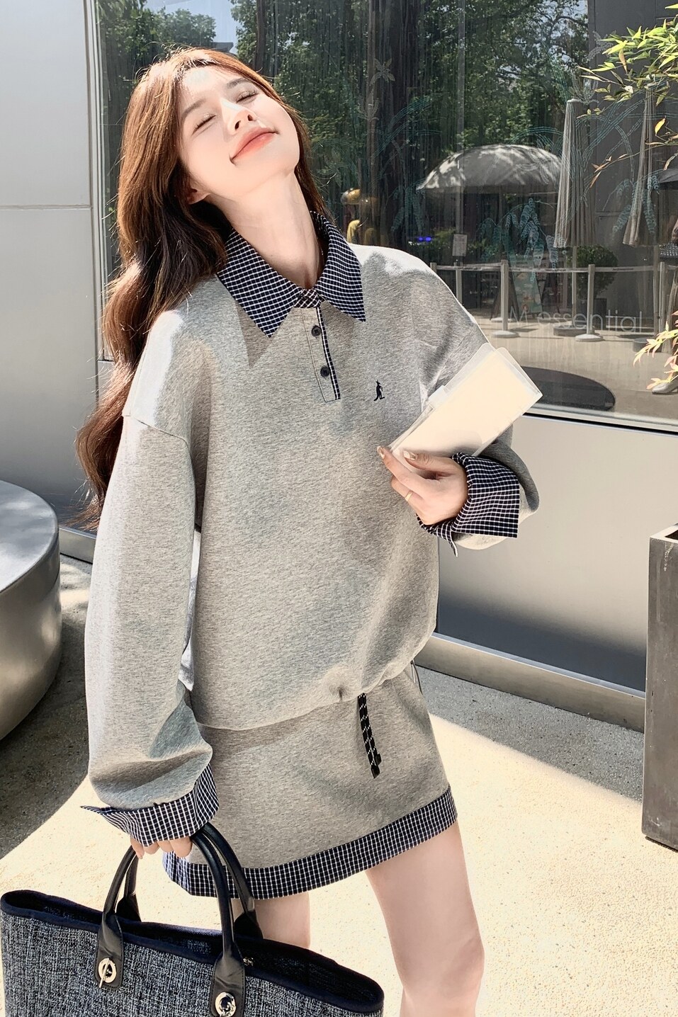 减龄休闲格纹拼接卫衣短裙套装女春秋小个子两件套爆款高级感超火,女装运动套装,芭图娜