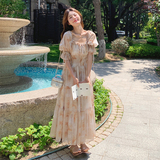 法式温柔风方领碎花连衣裙女2025夏季新款韩版收腰显瘦桔梗长裙子，女装连衣裙，芭图娜