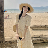 设计感雪纺镂空连衣裙女2025夏季新款蕾丝杏色复古名媛风绝美长裙，女装连衣裙，芭图娜