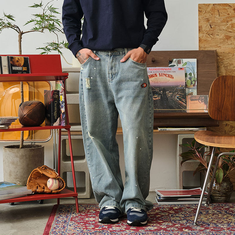 ACTIONS泼墨破洞阔腿牛仔裤男