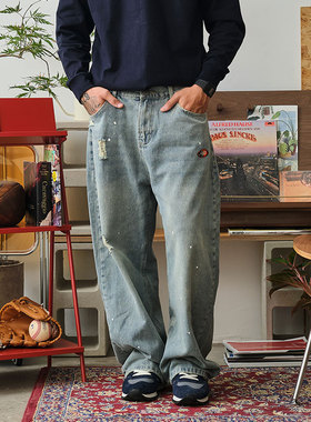 ACTIONS 泼墨破洞水洗牛仔裤刺绣廓形男宽松直筒垂感阔腿长裤