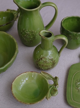 绿色芝麻釉系列 复古浮雕面碗蘸碟醋碟 咖啡杯子奶壶小花瓶花器