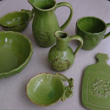 绿色芝麻釉系列 复古浮雕面碗蘸碟醋碟 咖啡杯子奶壶小花瓶花器