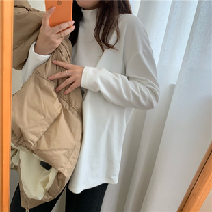 加厚阳离子德绒半高领 女秋冬加绒内搭纯色宽松中长T恤 圆领打底衫