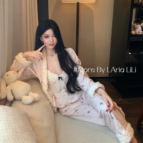 甜蜜序曲 睡衣女海岛绒冬季2025新款加绒加厚秋冬款三件套家居服