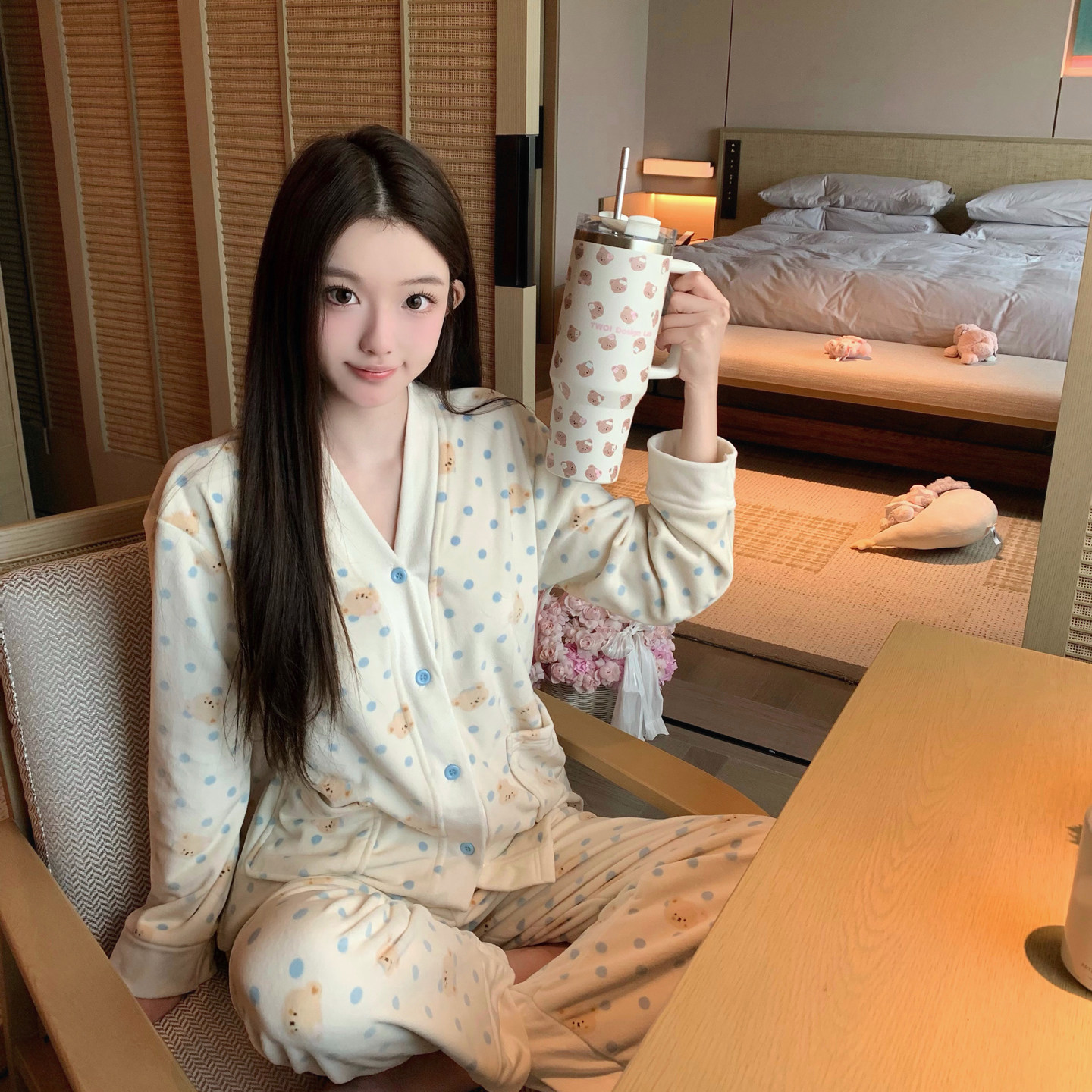 LAria奶蓝乖宝 海岛绒睡衣女长袖2026新款秋冬季少女薄绒家居服