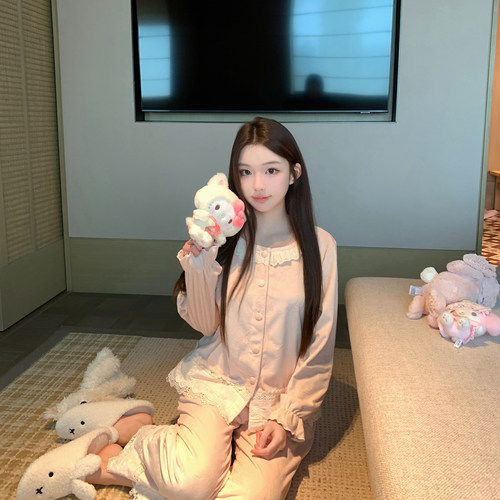 LAria森女织梦 海岛绒睡衣女2026新款长袖秋冬季薄绒蕾丝家居服