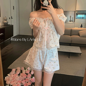 LAria 日系 家居服纯欲睡衣女性感夏天睡裤 茶颜女友 蕾丝碎花短袖