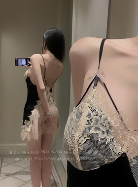 LAria*心机镂空 法式吊带睡衣带胸垫露背性感诱惑镂空蕾丝薄女夏