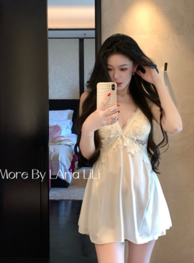 LAria蔷薇预谋  冰丝性感睡裙2025新夏纯欲蕾丝吊带睡衣女家居服