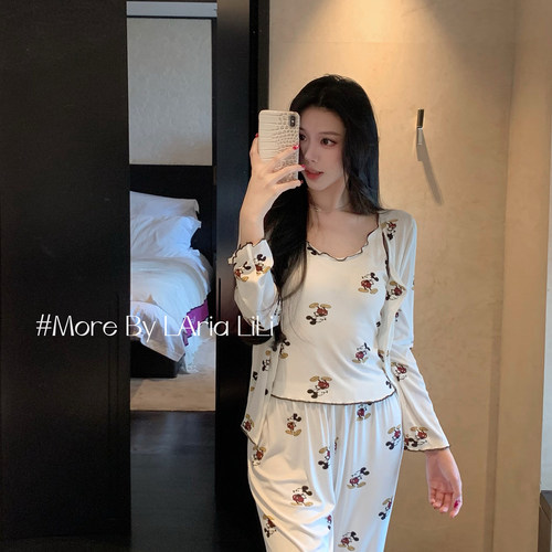 LAria米奇三件套 莫代尔性感睡衣女秋款2026新款高级家居服三件套