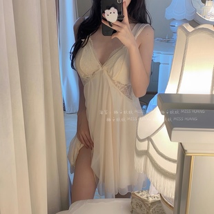 网纱吊带睡裙睡衣女夏天带胸垫外袍 宫廷法式 LAria 奶油蛋糕