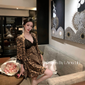LAria御姐爱豹纹 性感冰丝吊带睡裙辣妹露背睡衣女睡袍带胸垫纯欲