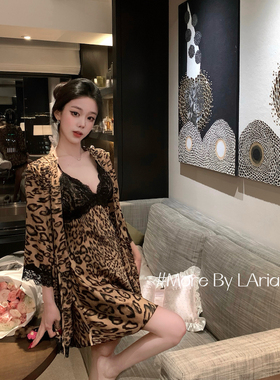 LAria御姐爱豹纹 性感冰丝吊带睡裙辣妹露背睡衣女睡袍带胸垫纯欲