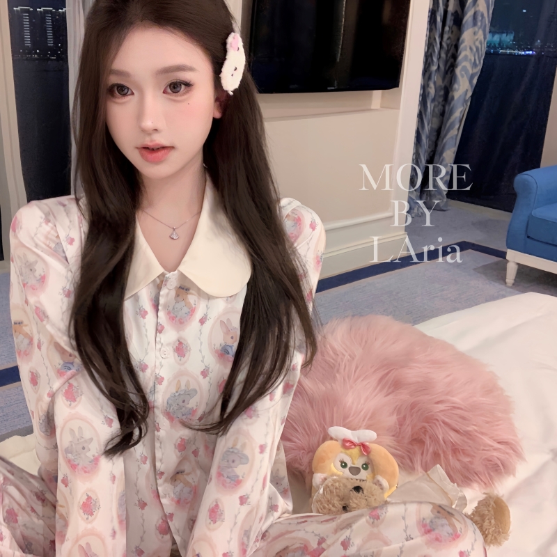 LAria*童话镇 甜美兔兔宫廷风睡衣女冰丝法式家居服2025春秋新款