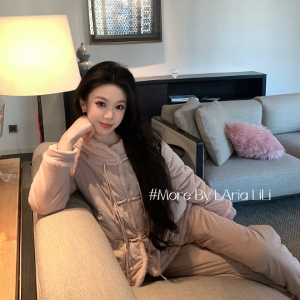 LAria仙仙紫 冬季珊瑚绒家居服三层夹棉加绒加厚睡衣女冬款2024