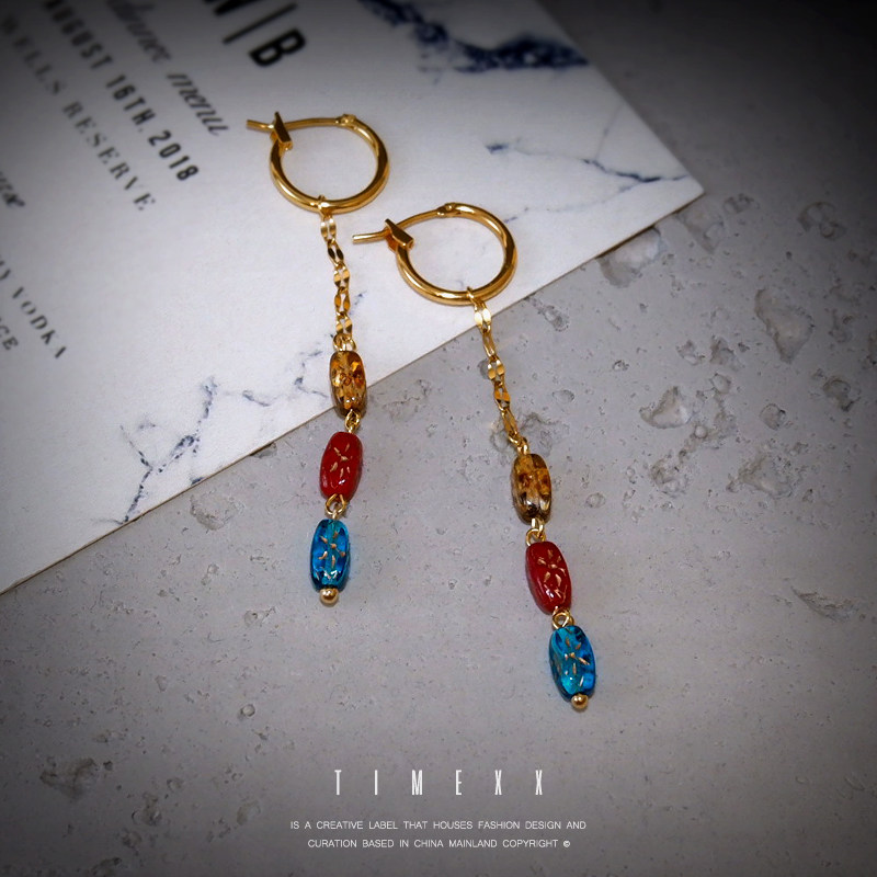 TIMEXX原创设计彩虹糖果复古捷克串珠链条耳环耳圈小众手作耳饰女