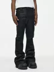 Cwhat High Street Ro Style Coated Rubber-Coated Flared Floor-Length Jeans for Men, Trendy Brand, Loose Fit, Slightly Stretchy, Waxed Pants