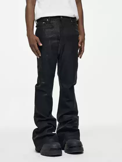 Cwhat High Street Ro Style Coated Rubber-Coated Flared Floor-Length Jeans for Men, Trendy Brand, Loose Fit, Slightly Stretchy, Waxed Pants