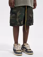Cwhat High Street Washed Trendy Brand Camouflage Retro Casual Loose Summer Drawstring Versatile Workwear Trendy Shorts for Men