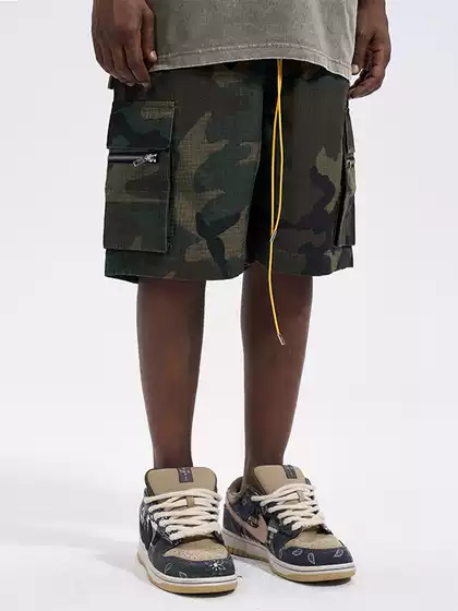 Cwhat High Street Washed Trendy Brand Camouflage Retro Casual Loose Summer Drawstring Versatile Workwear Trendy Shorts for Men