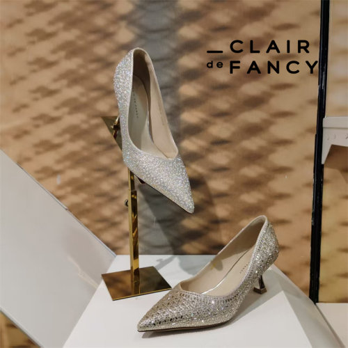 CLAIR de FANCY水钻尖头高跟鞋女浅金色细跟百搭单鞋1750760