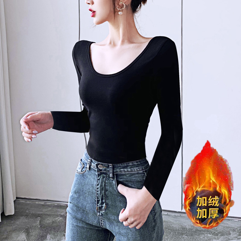 加绒加厚短款纯棉长袖女大U圆领