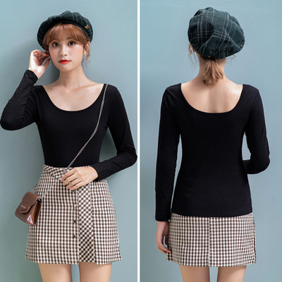 纯棉女大圆双U低领口内搭长袖T