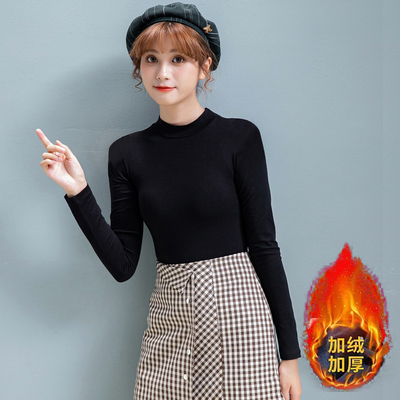 纯棉半高领长袖女T加绒加厚中领