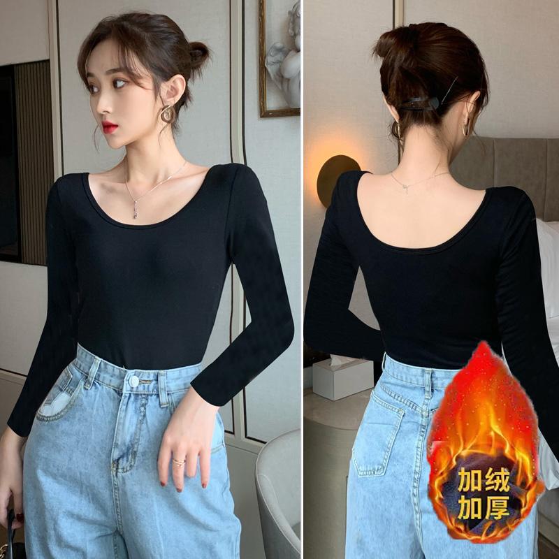 前后U圆领露背加绒加厚棉女长袖