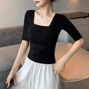 露背五分袖t恤中袖纯棉打底衫瑜伽舞蹈服短款露脐方u领上衣女高腰