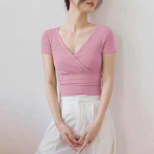 瑜伽舞蹈服短款 夏季 t恤低领纯棉打底衫 新款 露脐V领上衣女高腰 短袖