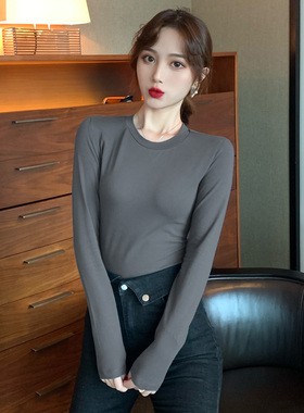 灰色长袖t恤短款纯棉内搭打底衫瑜伽舞蹈服小圆领修身紧身上衣女