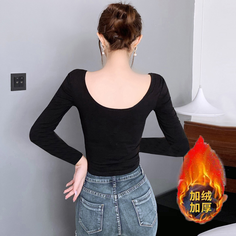 露背加绒加厚长袖女大圆双U领口