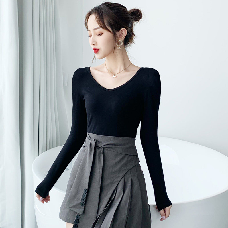 纯棉保暖加厚舞蹈服鸡心领大v领口低胸修身长袖t恤女内搭打底衫冬