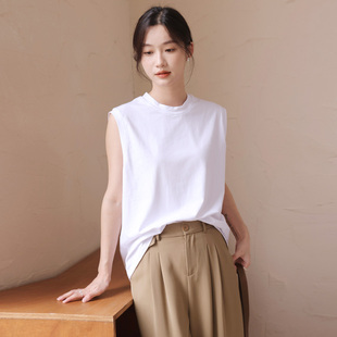宽松白色T恤内搭秋冬季 中领大码 上衣 背心女外穿砍袖 小半高领无袖