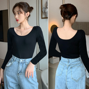 露背黑色t恤长袖纯棉打底衫瑜伽舞蹈服短款大圆领双U领上衣女高腰