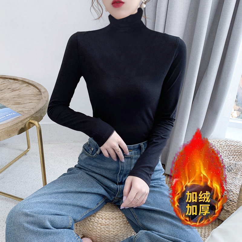 加绒加厚短款棉长袖女高领T立领