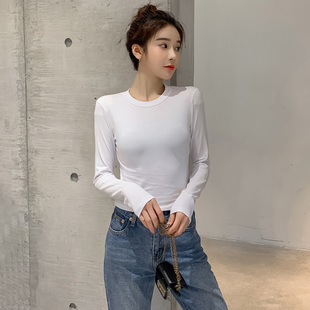 小半高领瑜伽舞蹈服女外穿中领大码修身紧身白色T恤内搭长袖上衣