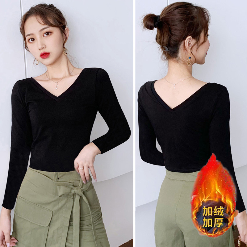 露背长袖t恤冬纯棉打底衫瑜伽舞蹈服短款加绒加厚双V领上衣女高腰
