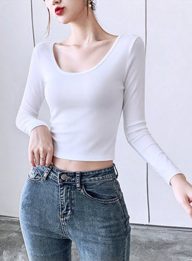 短款露脐前后大圆U领露背长袖T女