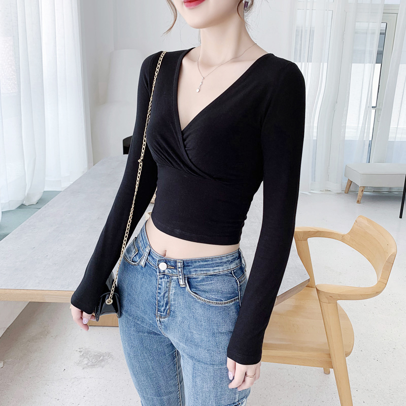大V领长袖t恤低胸纯棉短款露肚脐