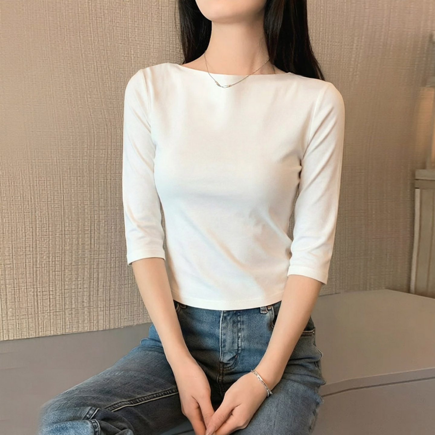 露背五分袖t恤中袖短款一字领女图片