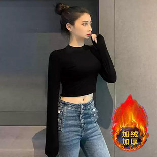 加绒加厚短款露脐长袖女外穿中领纯棉内搭打底衫半高领t恤上衣冬