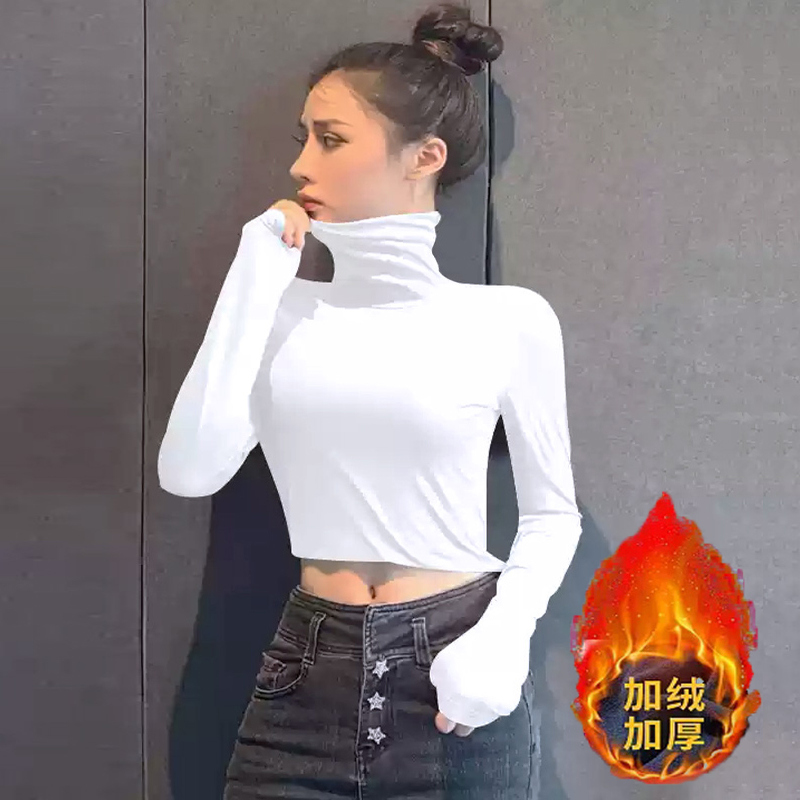 加绒加厚短款露脐长袖女外穿高领