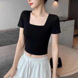 短款 瑜伽舞蹈服露脐大方领口上衣女高腰 短袖 t恤小个子纯棉打底衫