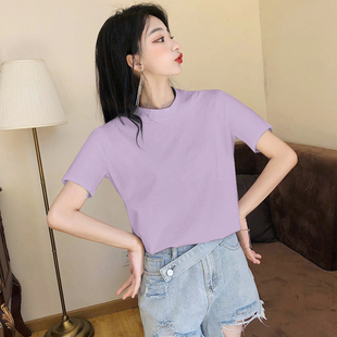 小半高领短袖t恤女外穿棉紫色中领大码宽松白色T恤内搭舞蹈服上衣