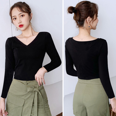u圆领大v领口低胸修身长袖t恤女