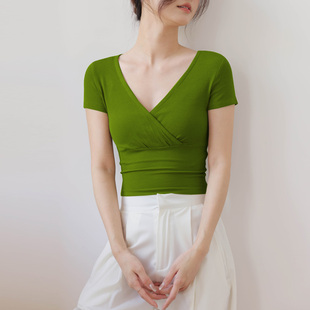 露脐上衣 牛油果绿短袖 t恤女低领纯棉打底衫 瑜伽舞蹈服修身 V领短款